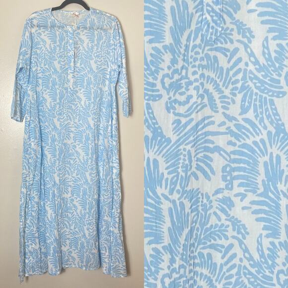 NWT ROLLER RABBIT DRESS L LAURE LONG MAXI KURTA BLUE WHITE BOHO CHIC COTTAGECORE - Picture 1 of 11
